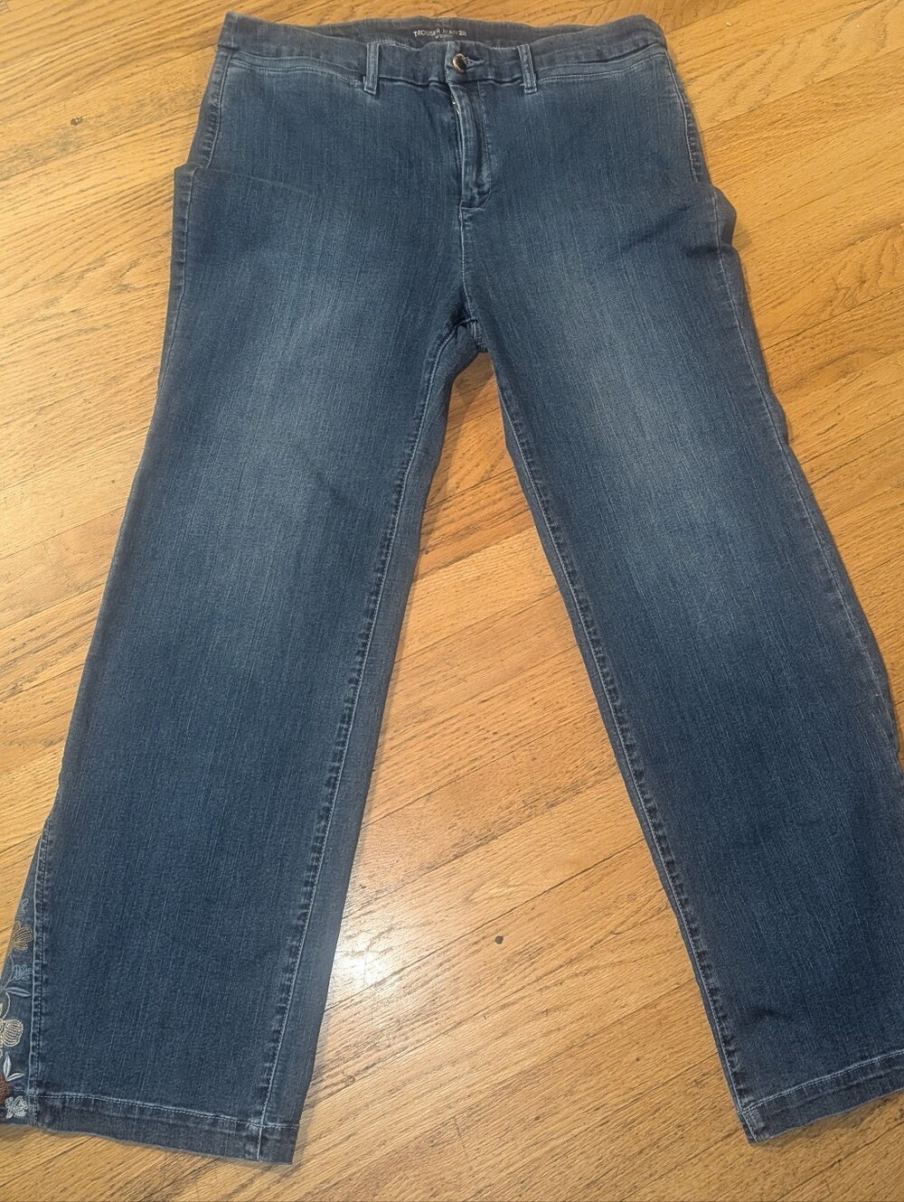 Chico's Dark Blue TROUSER Jeans 2 12 14 EMBROIDERY FLOWERS STRETCH EXC SHAPE